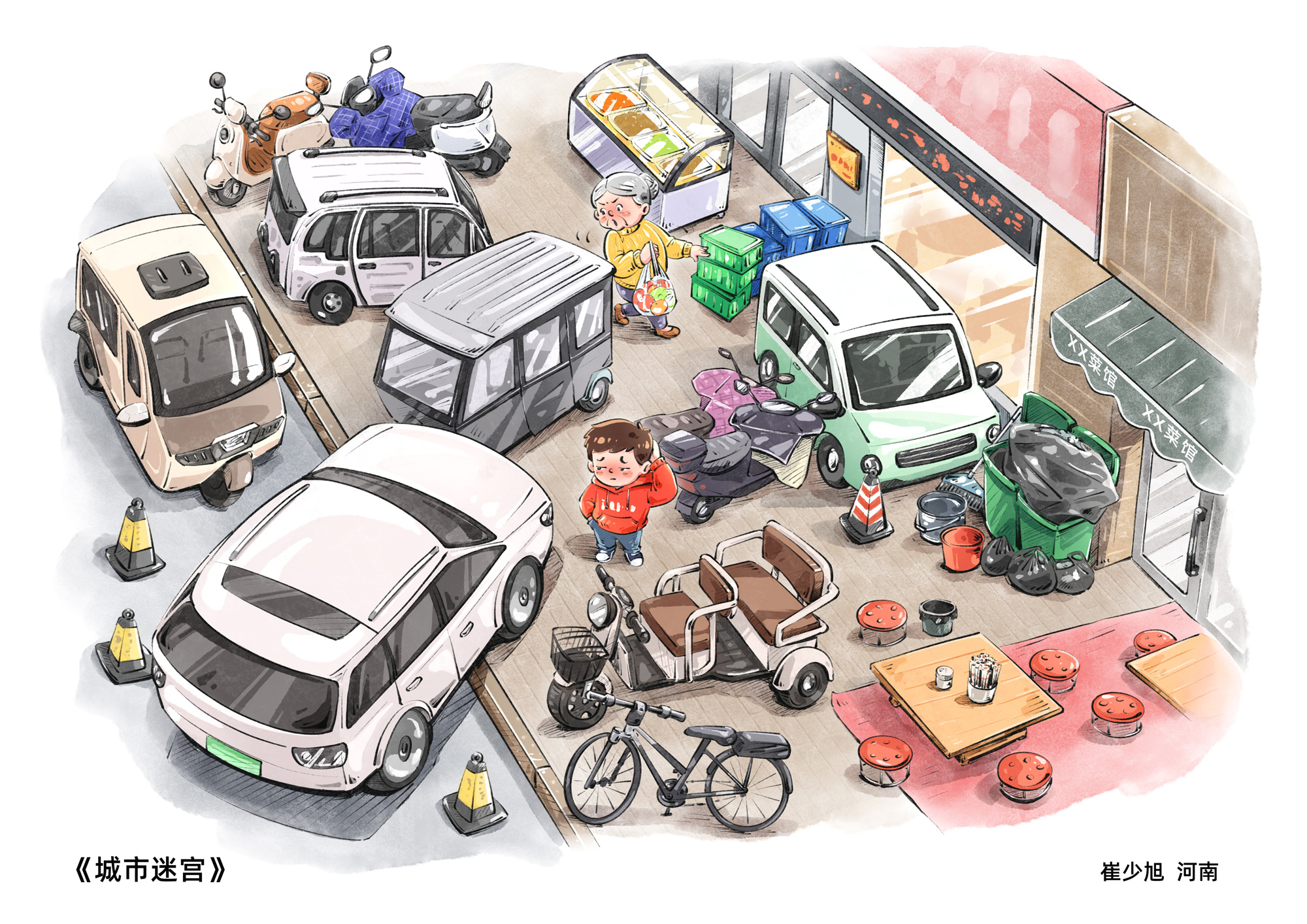 城市道路中交织的汽车、外卖骑手与行人，构成复杂的交通迷宫。